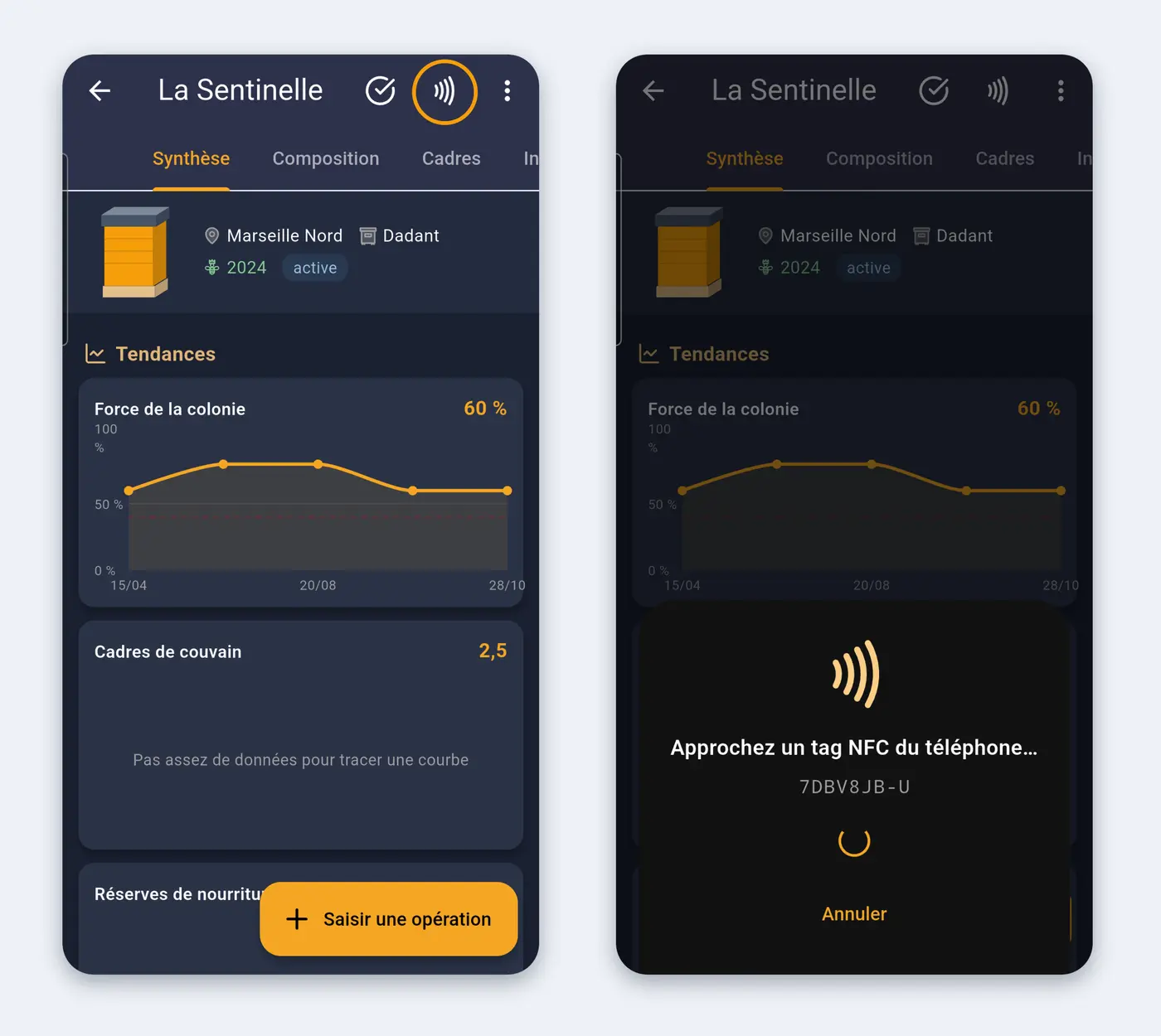 L'icône NFC sur la fiche d'une ruche dans l'application, puis l'écran qui attend la pastille