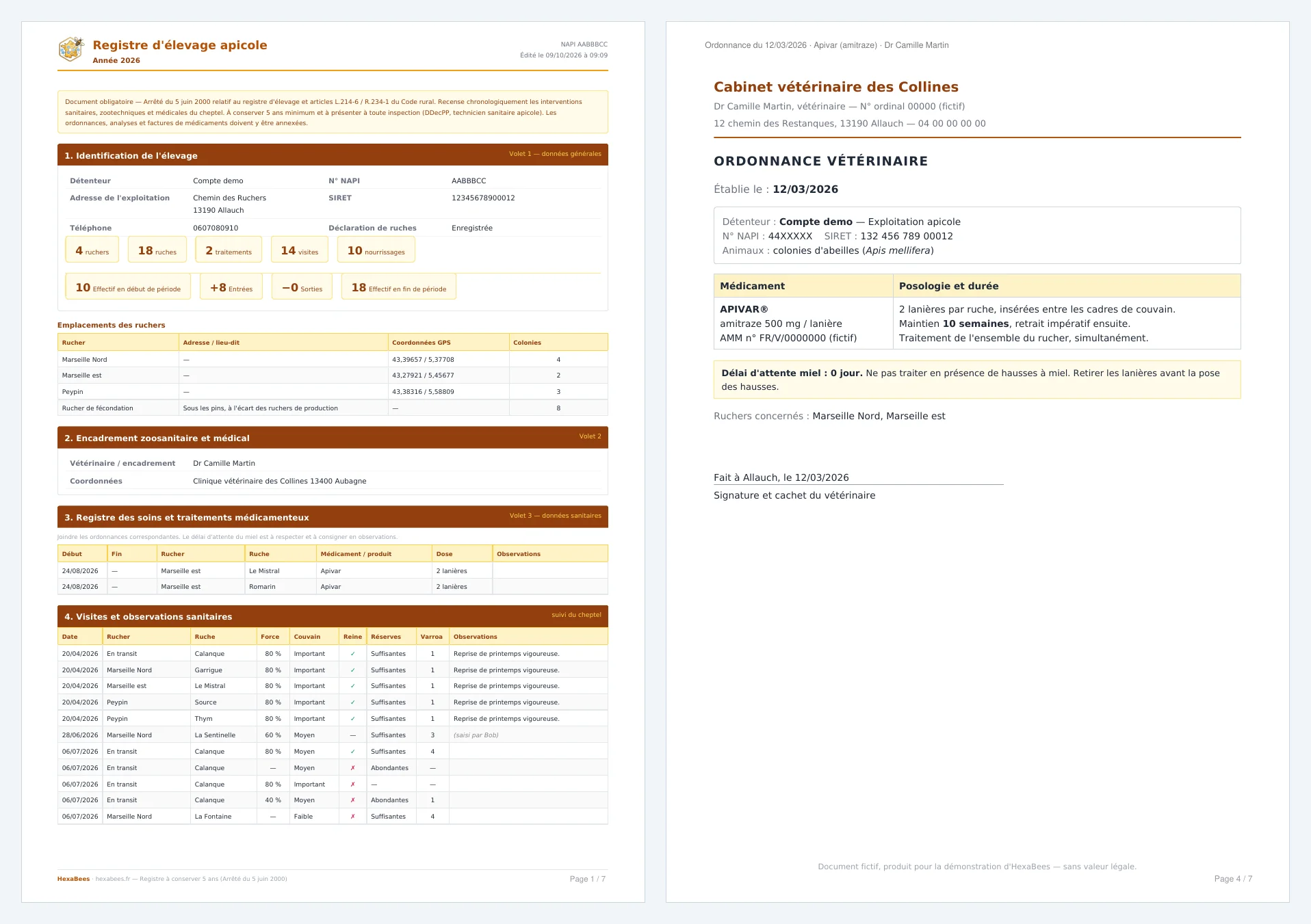 Registre d'élevage apicole exporté en PDF, avec une ordonnance vétérinaire annexée