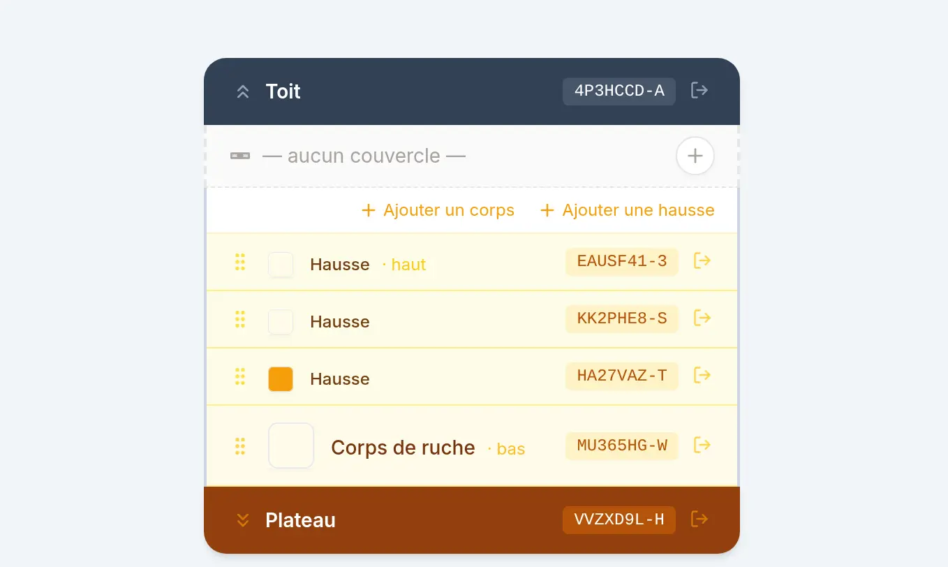 La composition d'une ruche dans HexaBees : toit, hausses, corps et plateau, chacun avec sa référence