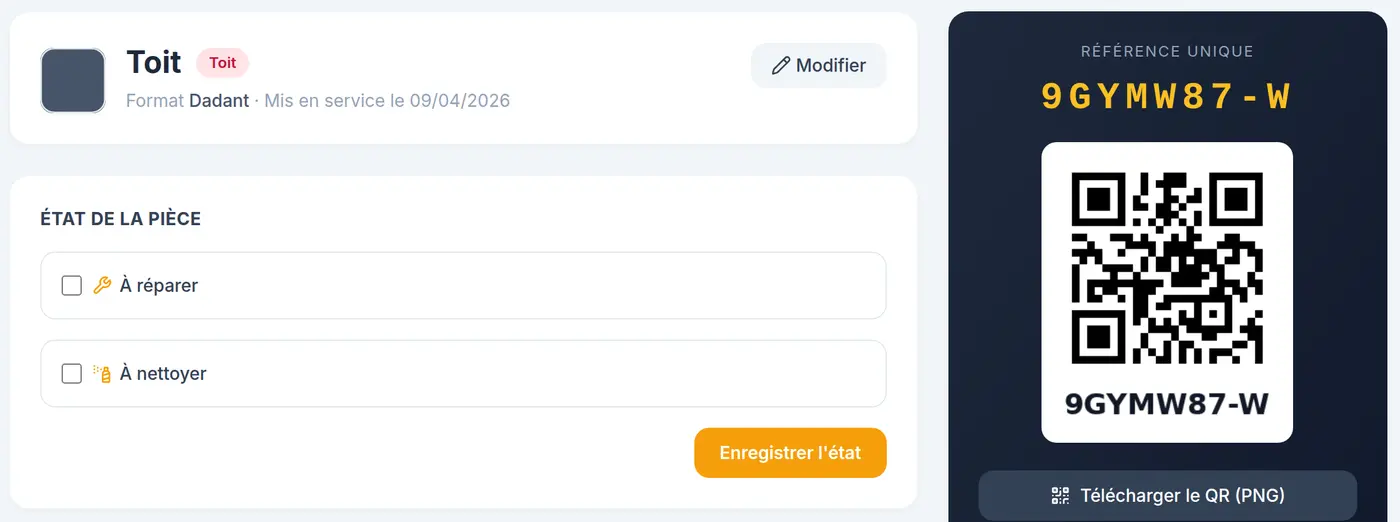La référence unique d'un élément de ruche et son QR code, à graver sur la pièce et à inscrire sur sa puce NFC