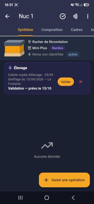 Application HexaBees au rucher : sur la fiche d’un nucléus, le bandeau Élevage propose de valider la reine, prévue le 15/10.